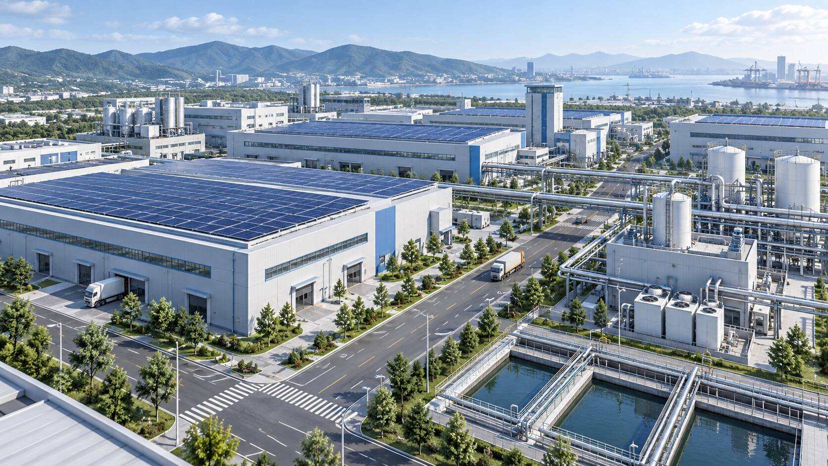 配有屋顶光伏的工业厂房与园区示意