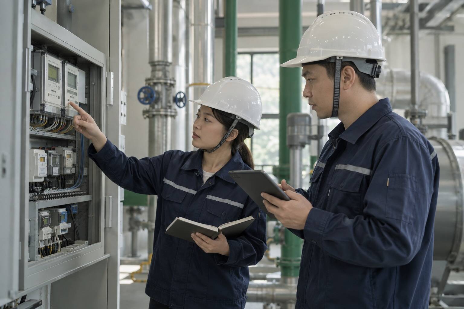 工程师核对能源计量设备并记录数据,AI生成场景示意