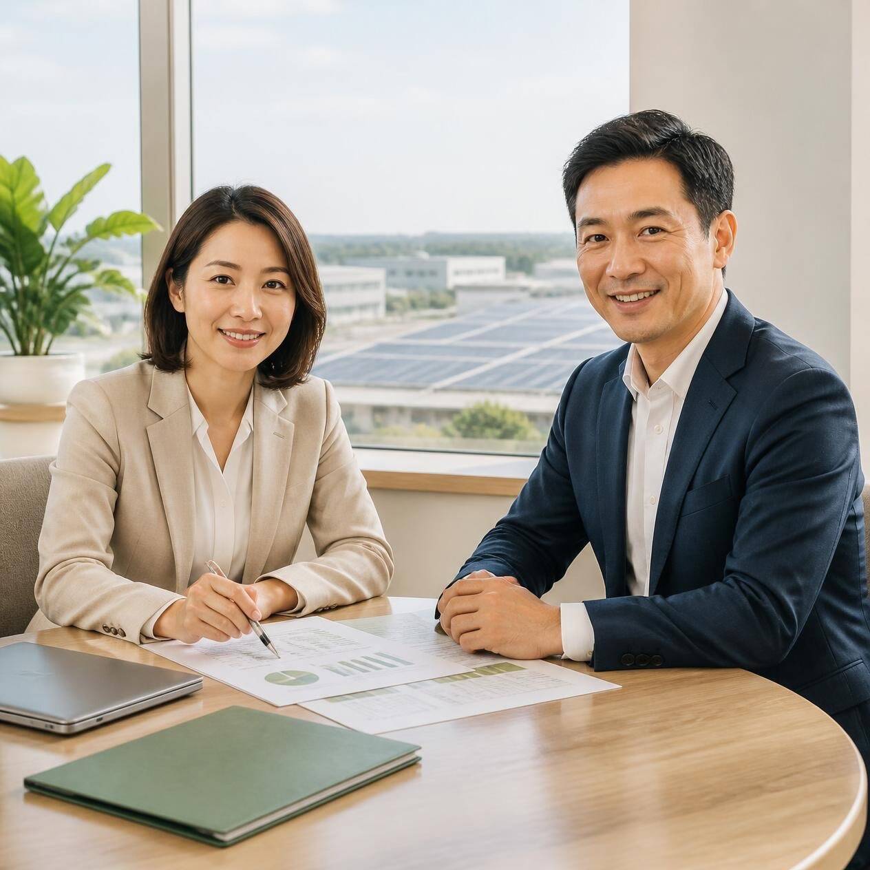 商务顾问正面微笑提供碳管理咨询服务,搭配绿植、能源图表与屋顶光伏,Canva AI生成场景示意
